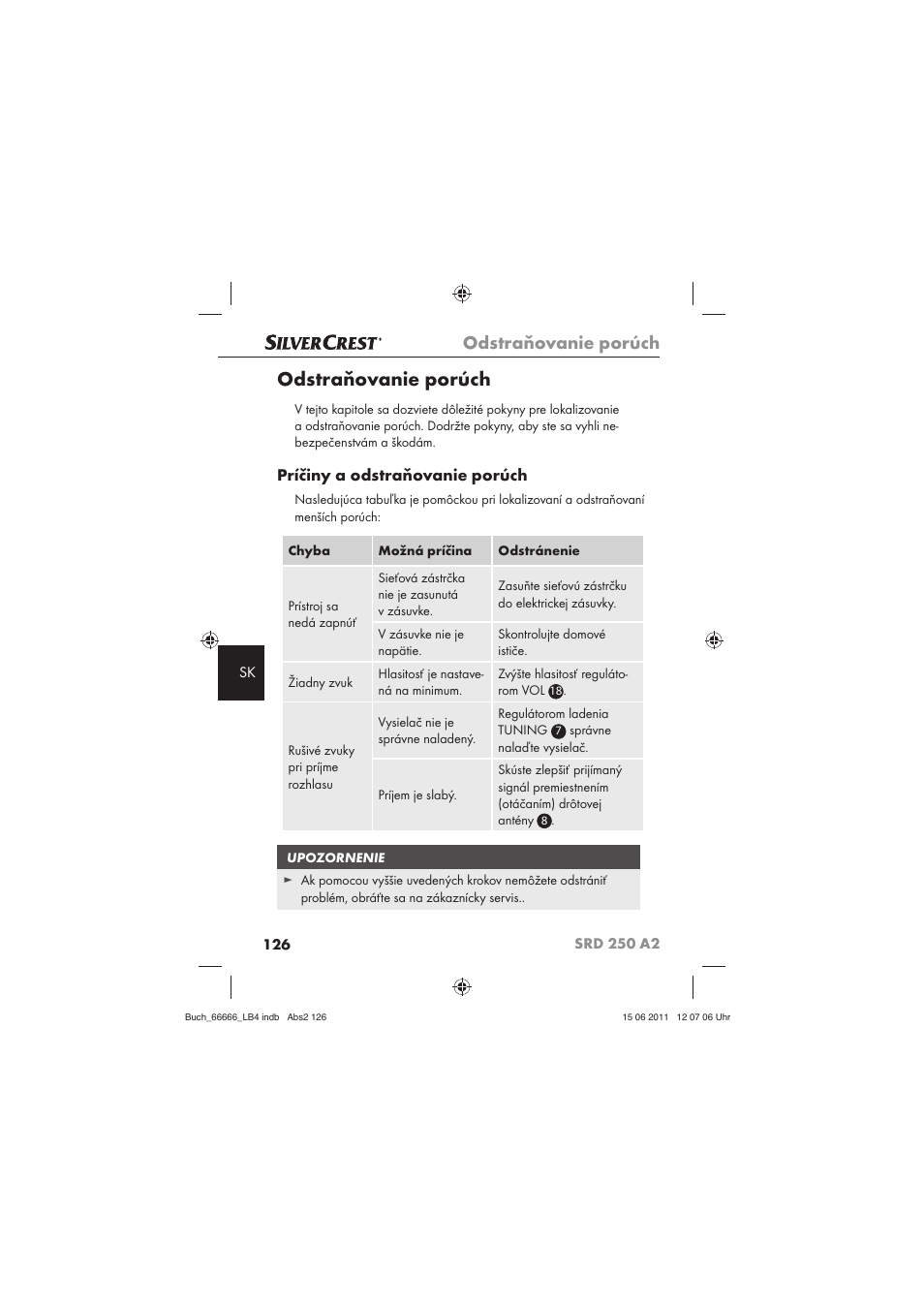 Odstraňovanie porúch, Príčiny a odstraňovanie porúch | Silvercrest SRD 250 A2 User Manual | Page 128 / 133