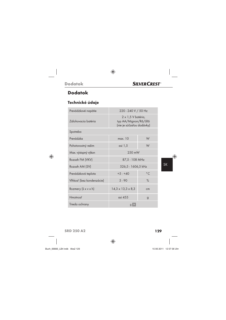 Dodatok, Technické údaje | Silvercrest SRD 250 A2 User Manual | Page 131 / 133