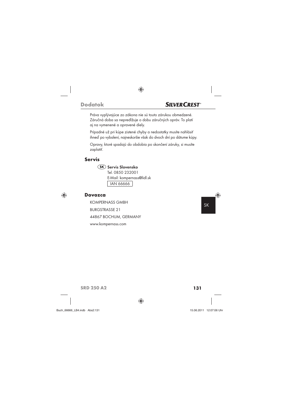 Dodatok, Servis, Dovozca | Silvercrest SRD 250 A2 User Manual | Page 133 / 133