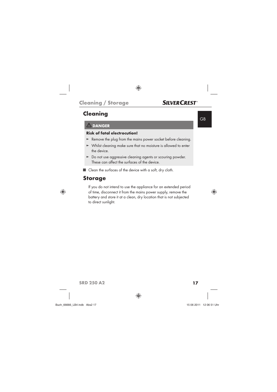 Cleaning, Storage, Cleaning / storage | Silvercrest SRD 250 A2 User Manual | Page 19 / 133