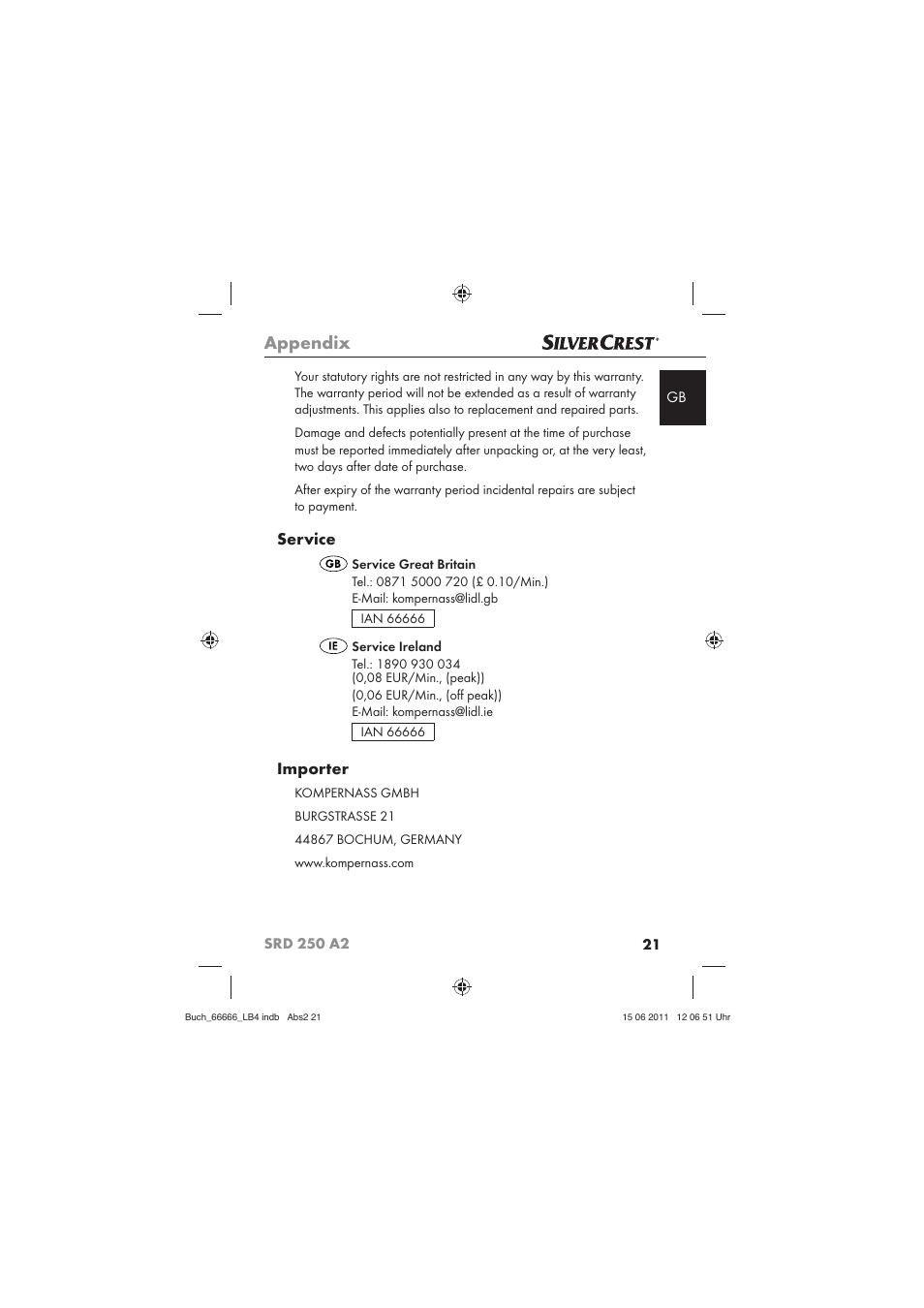Appendix, Service, Importer | Silvercrest SRD 250 A2 User Manual | Page 23 / 133