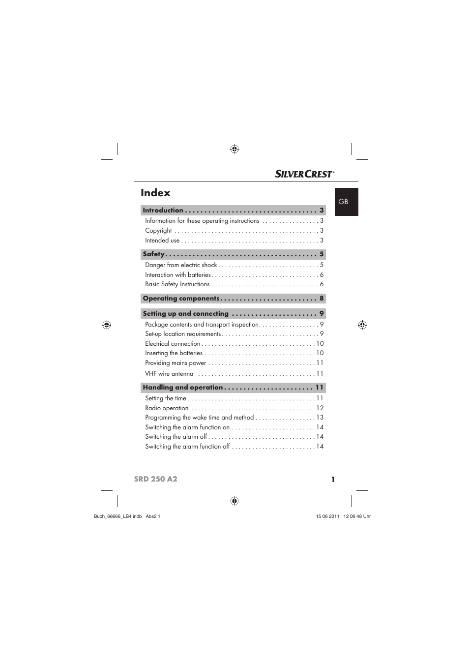 Index | Silvercrest SRD 250 A2 User Manual | Page 3 / 133