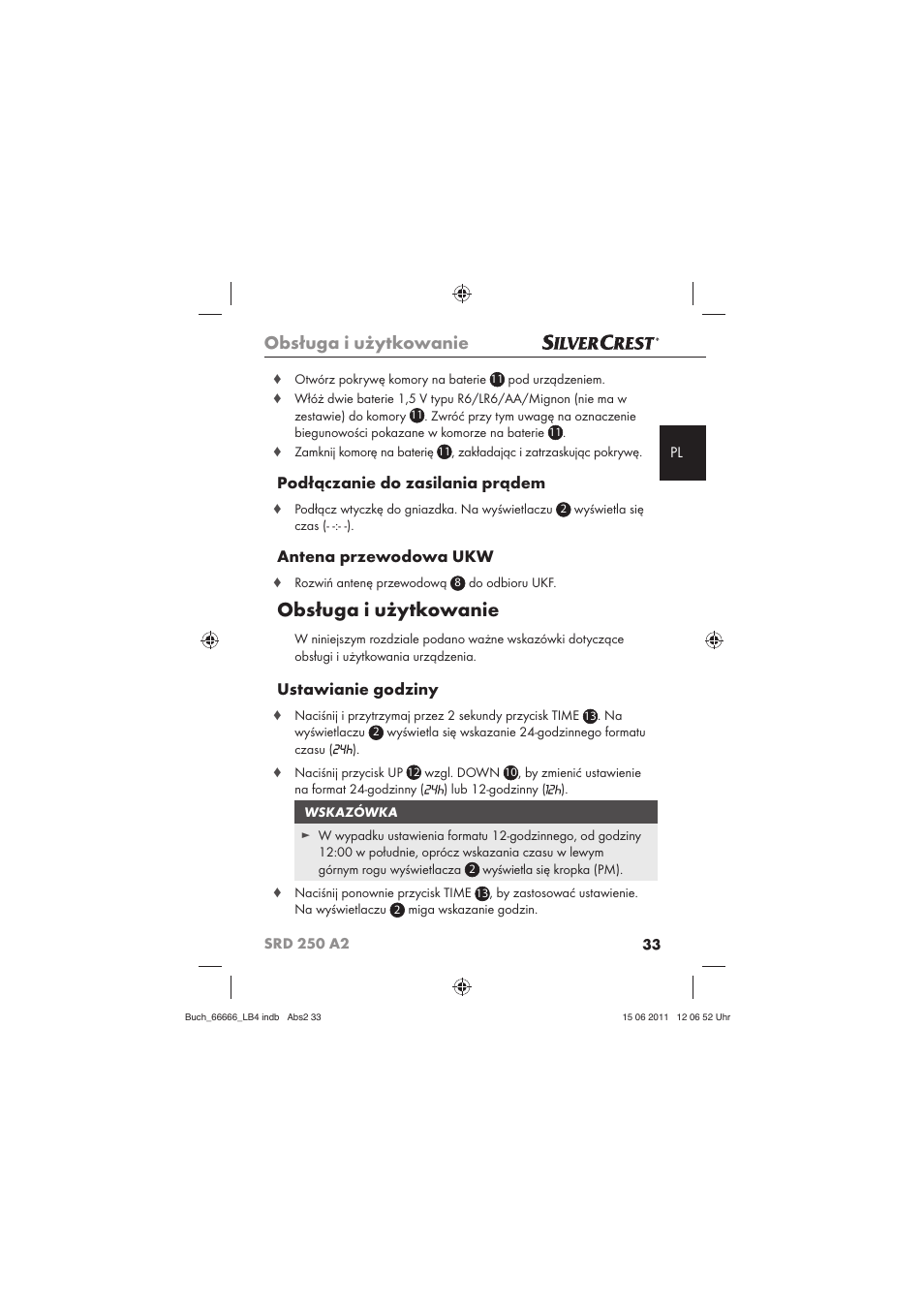 Obsługa i użytkowanie, Podłączanie do zasilania prądem, Antena przewodowa ukw | Ustawianie godziny | Silvercrest SRD 250 A2 User Manual | Page 35 / 133