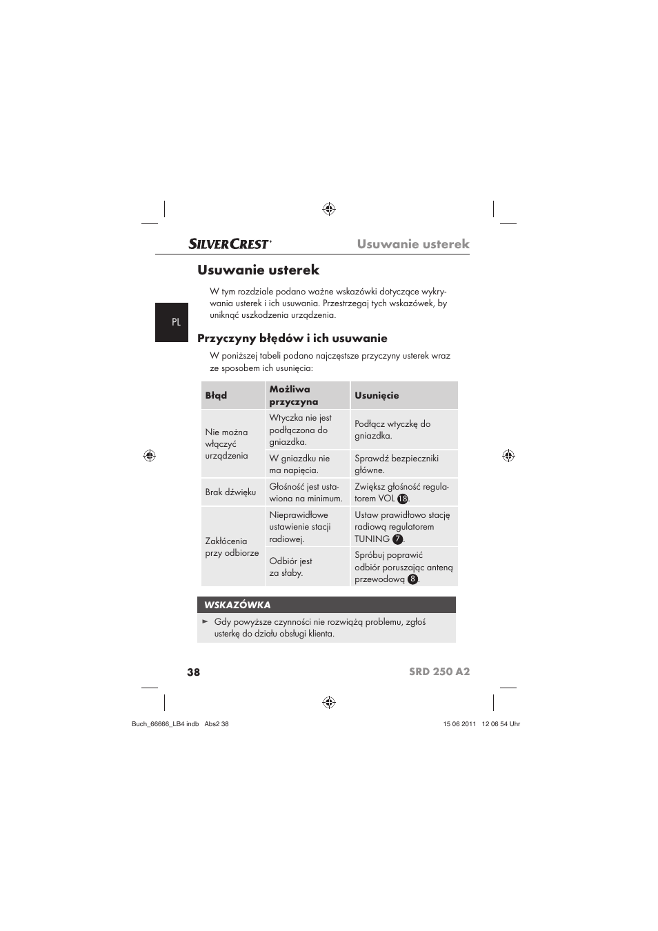 Usuwanie usterek, Przyczyny błędów i ich usuwanie | Silvercrest SRD 250 A2 User Manual | Page 40 / 133