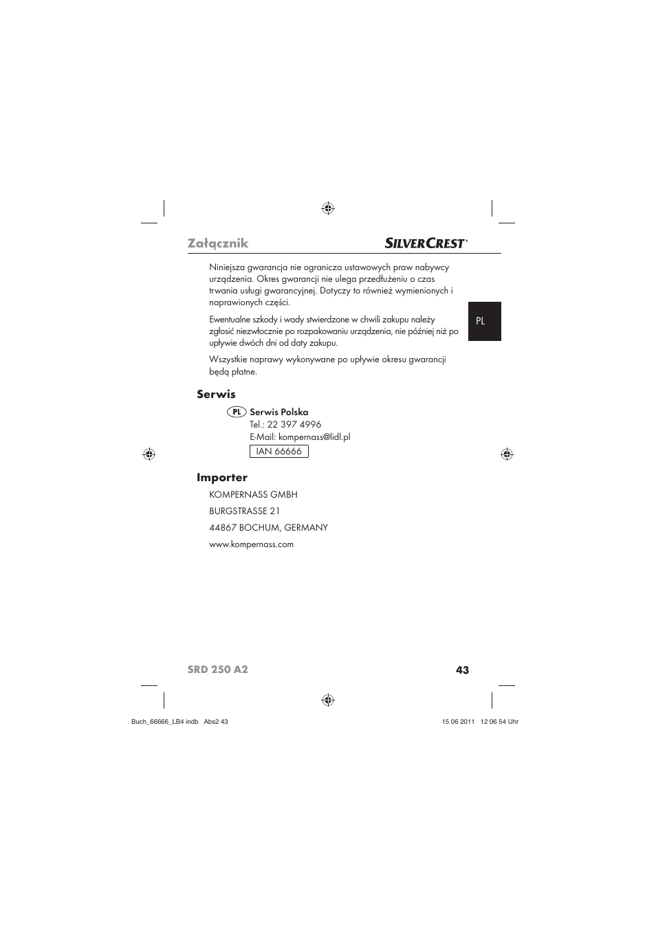 Załącznik, Serwis, Importer | Silvercrest SRD 250 A2 User Manual | Page 45 / 133