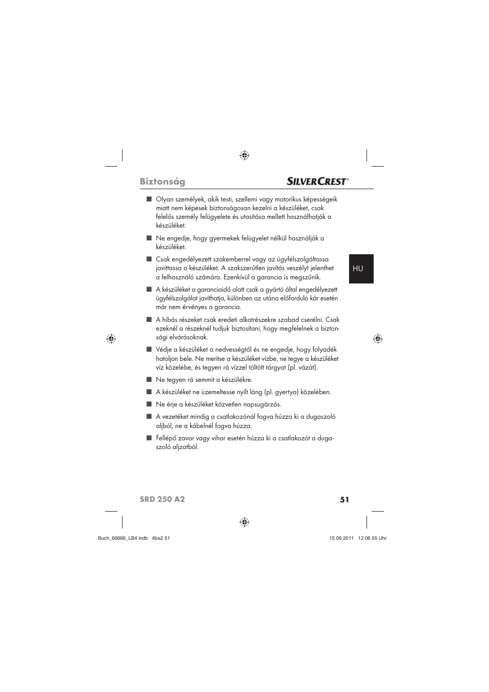 Biztonság | Silvercrest SRD 250 A2 User Manual | Page 53 / 133