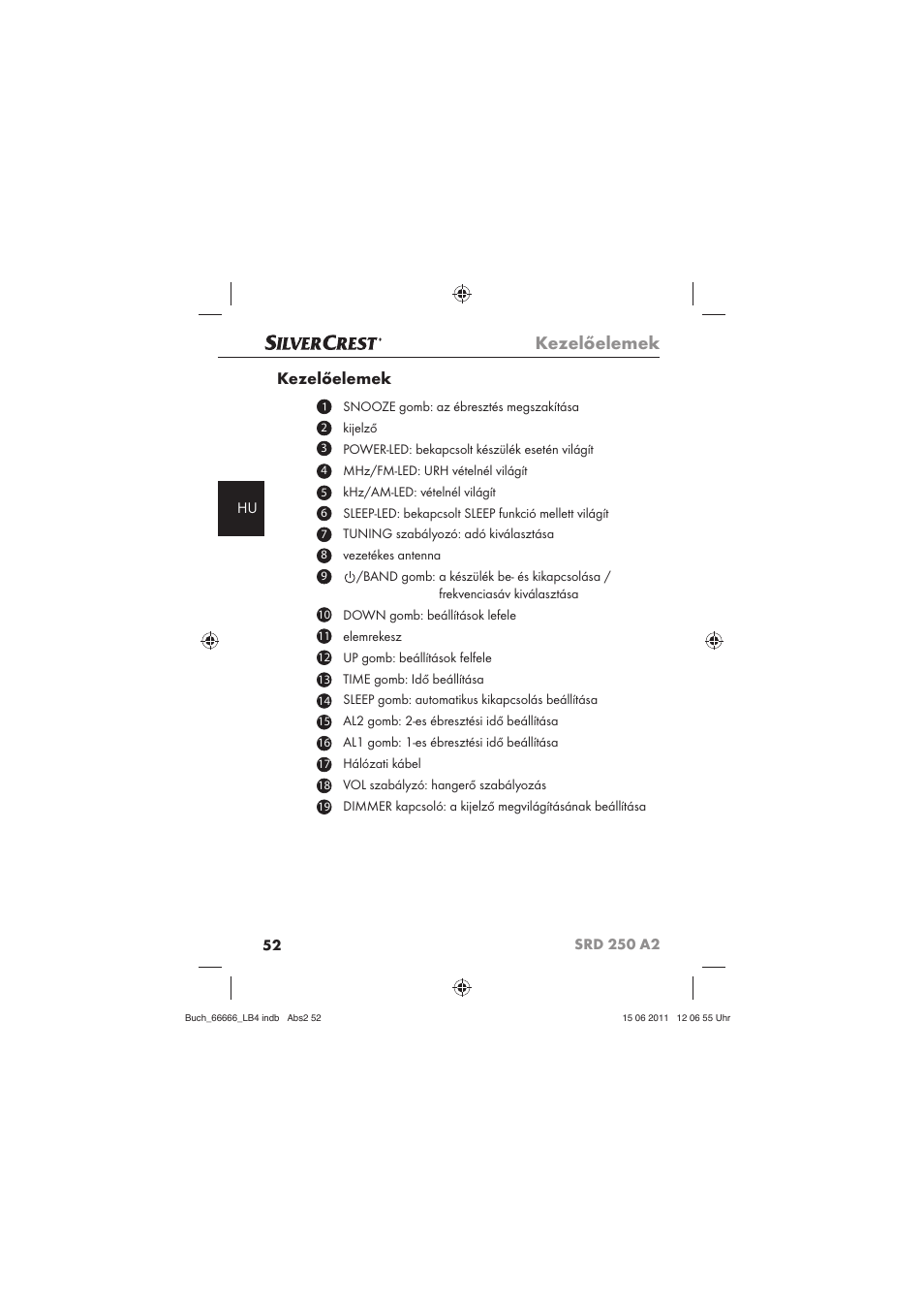 Kezelőelemek | Silvercrest SRD 250 A2 User Manual | Page 54 / 133
