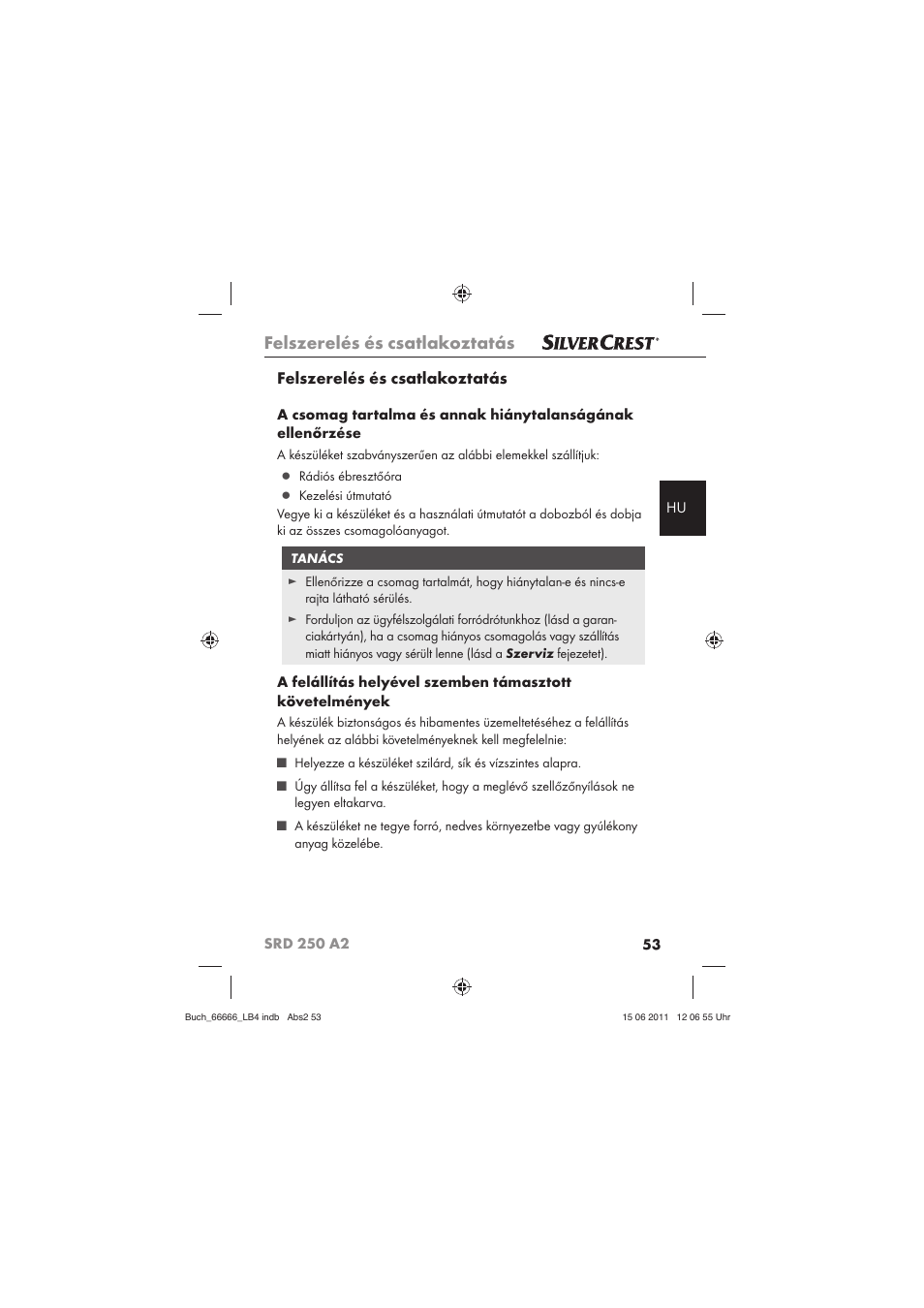 Felszerelés és csatlakoztatás | Silvercrest SRD 250 A2 User Manual | Page 55 / 133