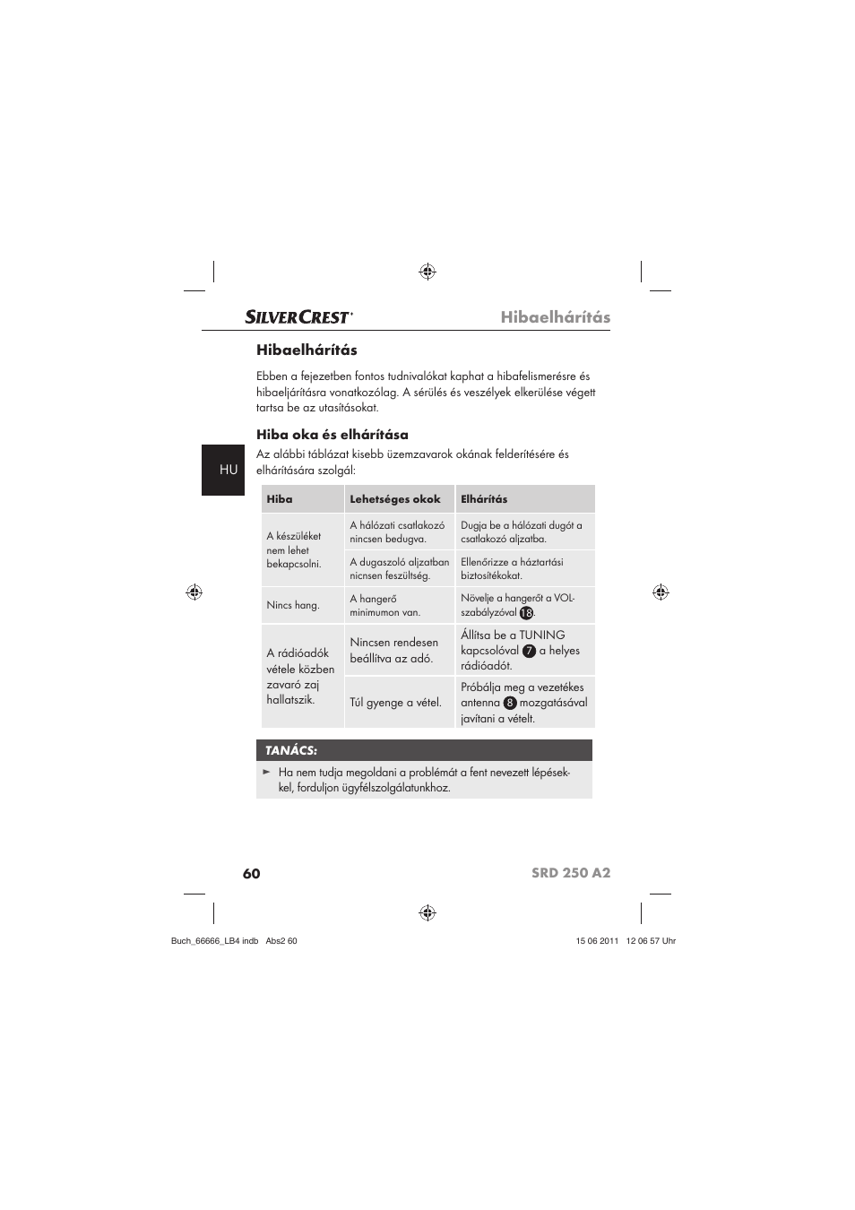 Hibaelhárítás, Hiba oka és elhárítása | Silvercrest SRD 250 A2 User Manual | Page 62 / 133