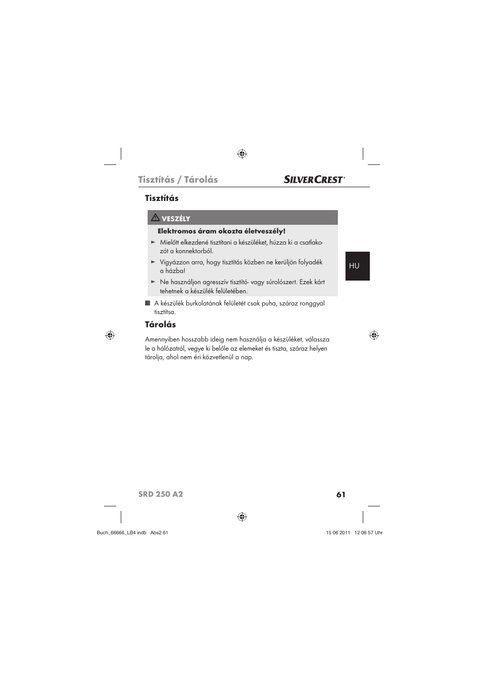 Tisztítás / tárolás, Tisztítás, Tárolás | Silvercrest SRD 250 A2 User Manual | Page 63 / 133