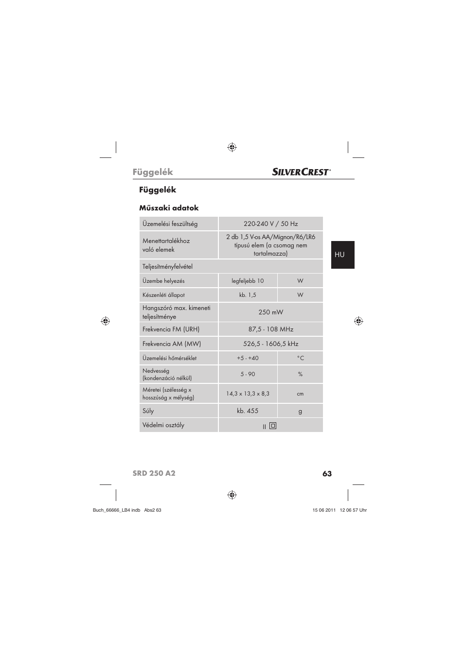 Függelék, Műszaki adatok | Silvercrest SRD 250 A2 User Manual | Page 65 / 133