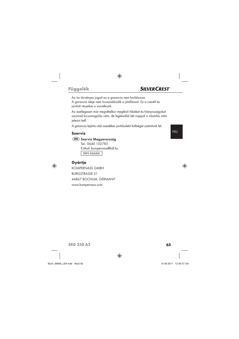 Függelék, Szerviz, Gyártja | Silvercrest SRD 250 A2 User Manual | Page 67 / 133