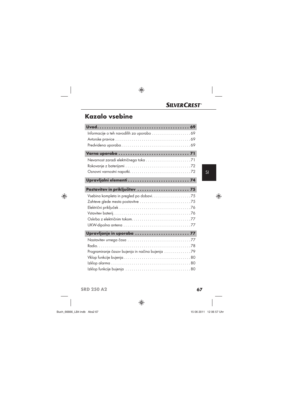 Kazalo vsebine | Silvercrest SRD 250 A2 User Manual | Page 69 / 133