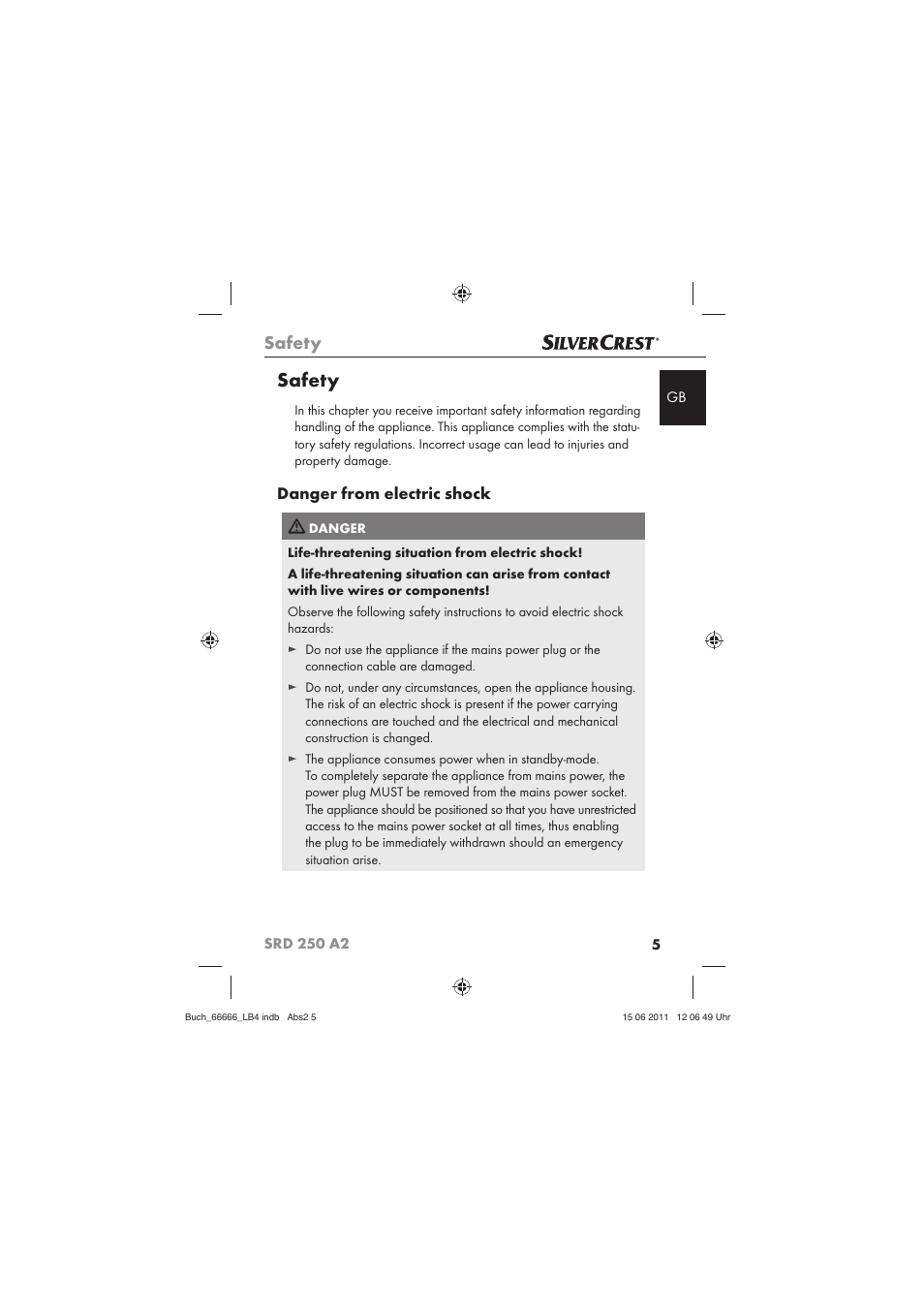 Safety, Danger from electric shock | Silvercrest SRD 250 A2 User Manual | Page 7 / 133