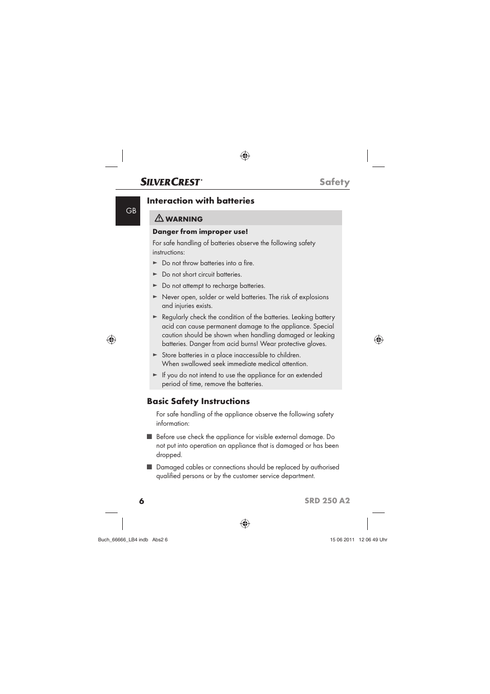 Safety, Interaction with batteries, Basic safety instructions | Silvercrest SRD 250 A2 User Manual | Page 8 / 133