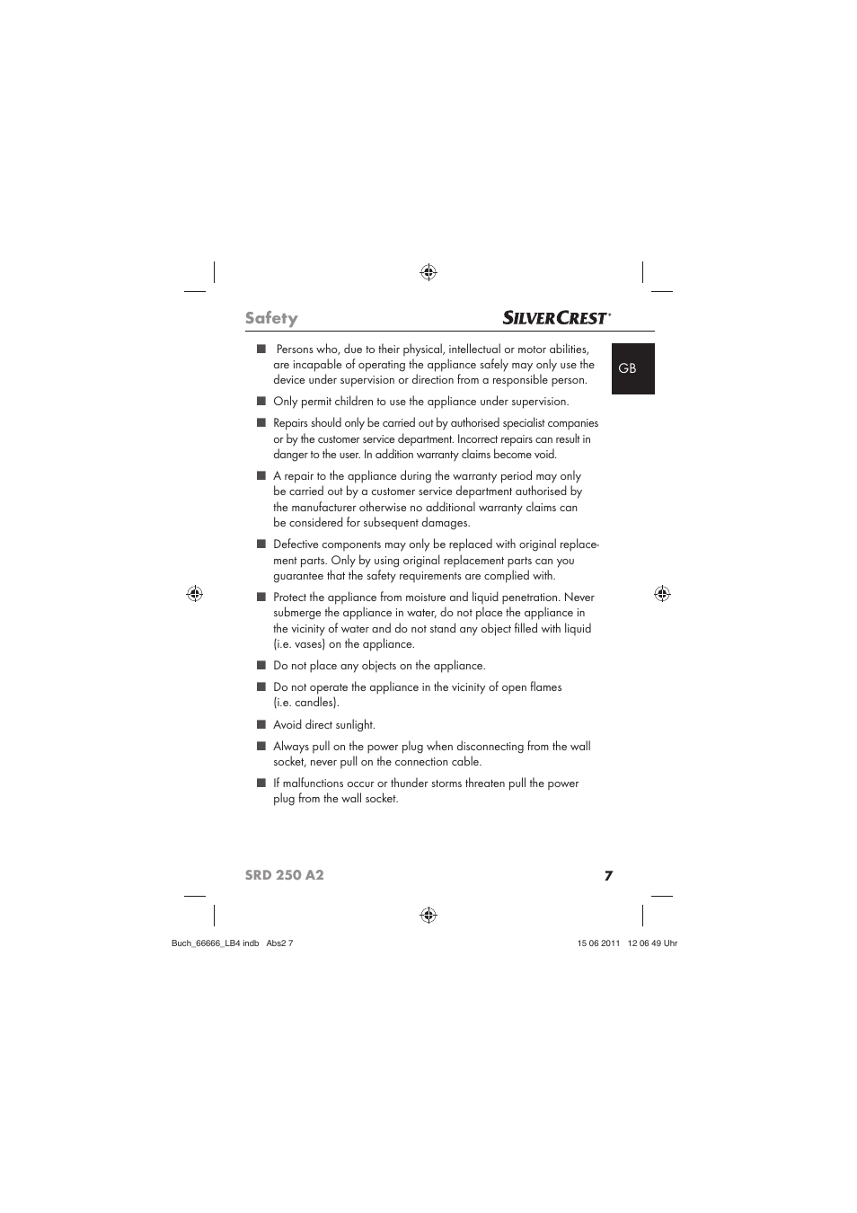 Safety | Silvercrest SRD 250 A2 User Manual | Page 9 / 133