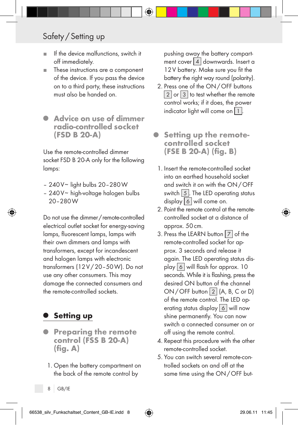 Safety / setting up, Setting up, Preparing the remote control (fss b 20-a) (fig. a) | Silvercrest Electrical Sockets User Manual | Page 4 / 12