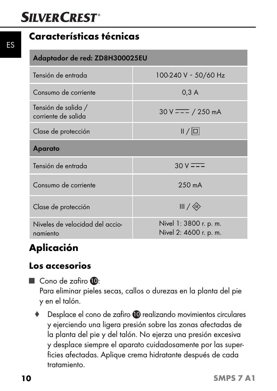 Características técnicas, Aplicación, Los accesorios | Silvercrest SMPS 7 A1 User Manual | Page 13 / 94