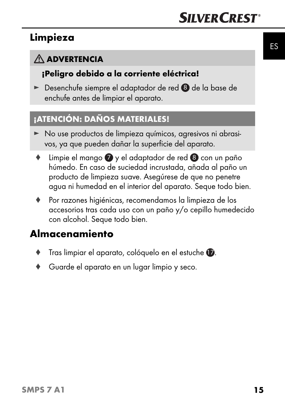 Limpieza, Almacenamiento | Silvercrest SMPS 7 A1 User Manual | Page 18 / 94