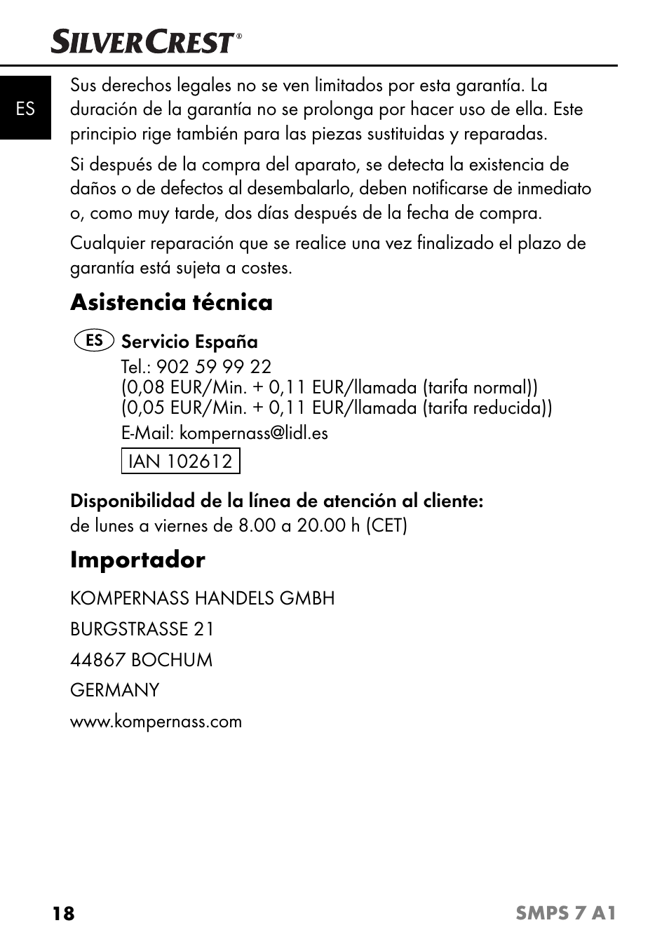 Asistencia técnica, Importador | Silvercrest SMPS 7 A1 User Manual | Page 21 / 94