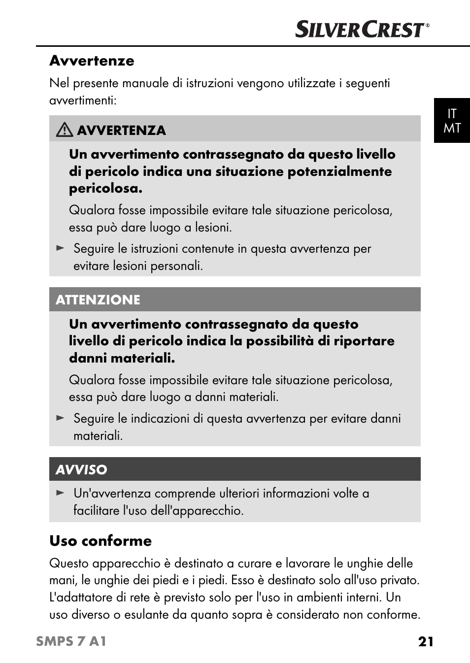 Avvertenze, Uso conforme | Silvercrest SMPS 7 A1 User Manual | Page 24 / 94