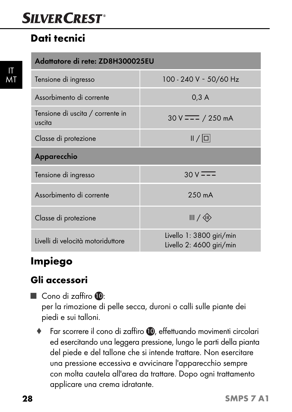 Dati tecnici, Impiego, Gli accessori | Silvercrest SMPS 7 A1 User Manual | Page 31 / 94