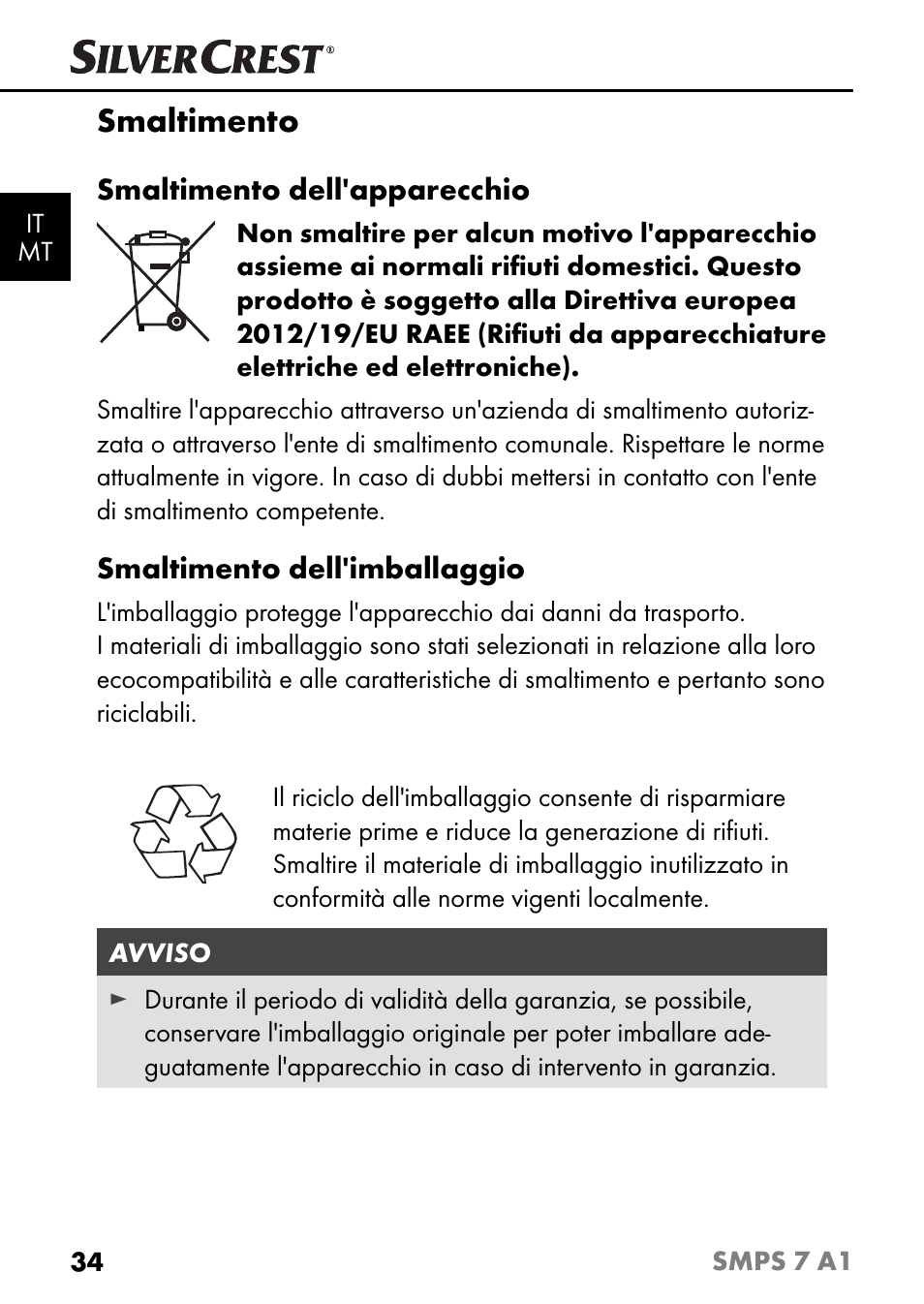 Smaltimento | Silvercrest SMPS 7 A1 User Manual | Page 37 / 94