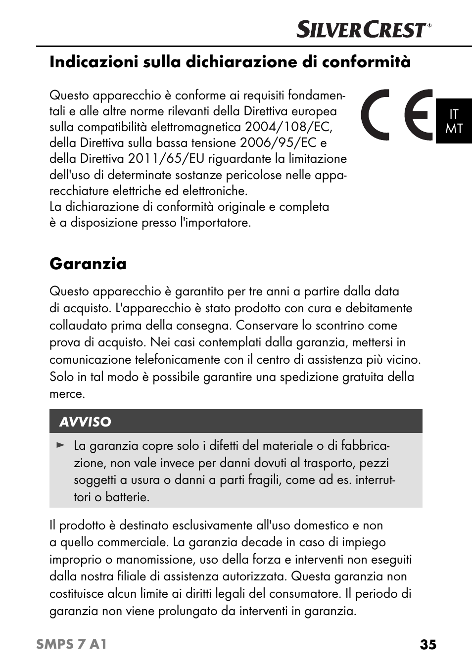 Indicazioni sulla dichiarazione di conformità, Garanzia | Silvercrest SMPS 7 A1 User Manual | Page 38 / 94