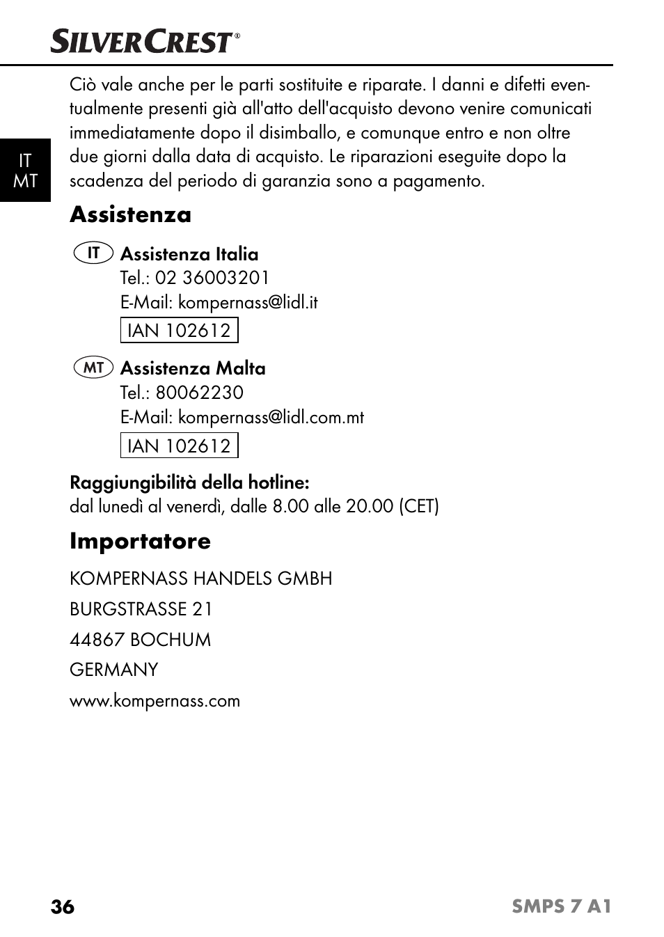 Assistenza, Importatore | Silvercrest SMPS 7 A1 User Manual | Page 39 / 94