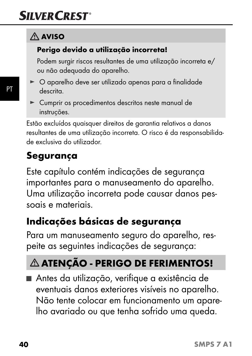 Atenção - perigo de ferimentos | Silvercrest SMPS 7 A1 User Manual | Page 43 / 94