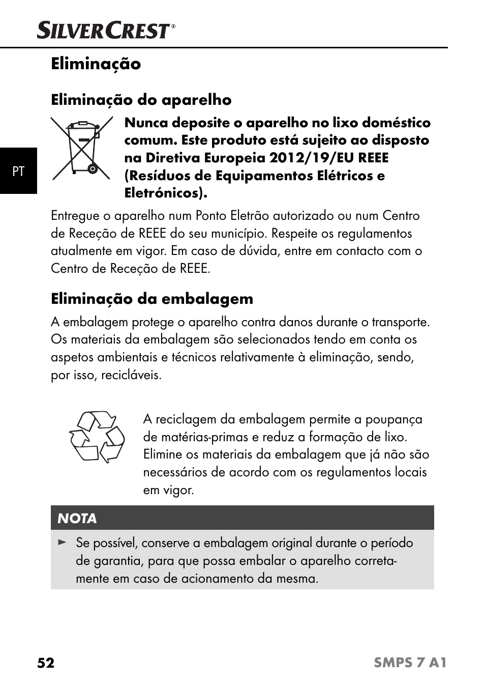 Eliminação | Silvercrest SMPS 7 A1 User Manual | Page 55 / 94