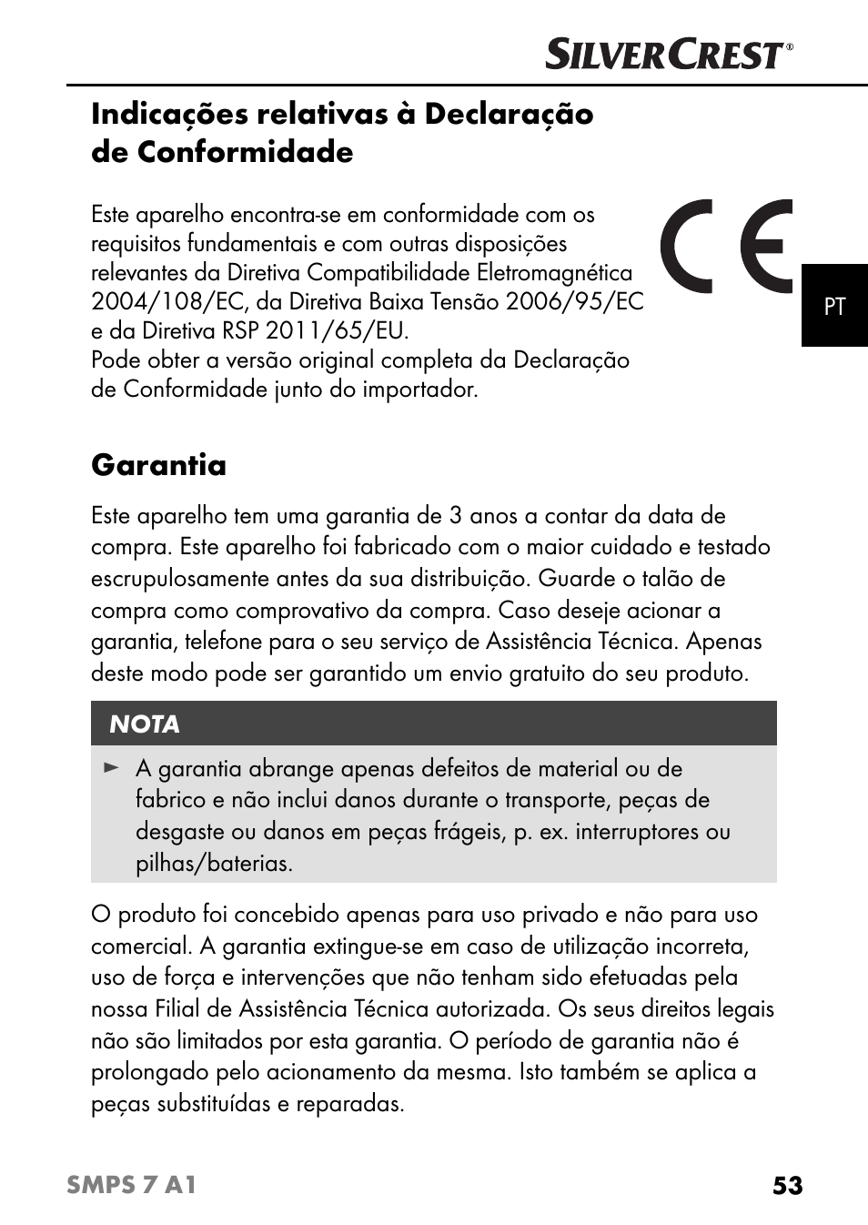 Indicações relativas à declaração de conformidade, Garantia | Silvercrest SMPS 7 A1 User Manual | Page 56 / 94
