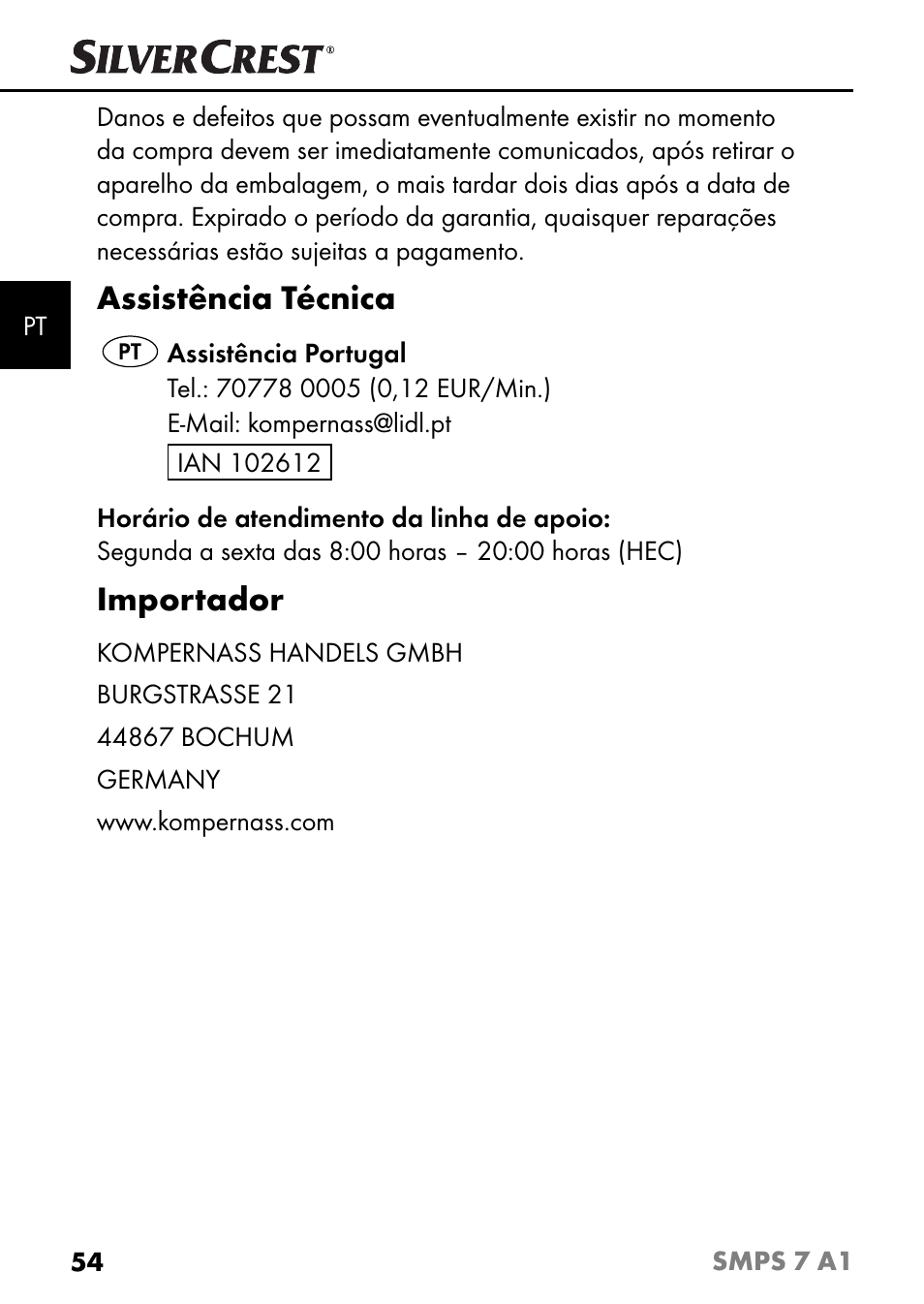 Assistência técnica, Importador | Silvercrest SMPS 7 A1 User Manual | Page 57 / 94