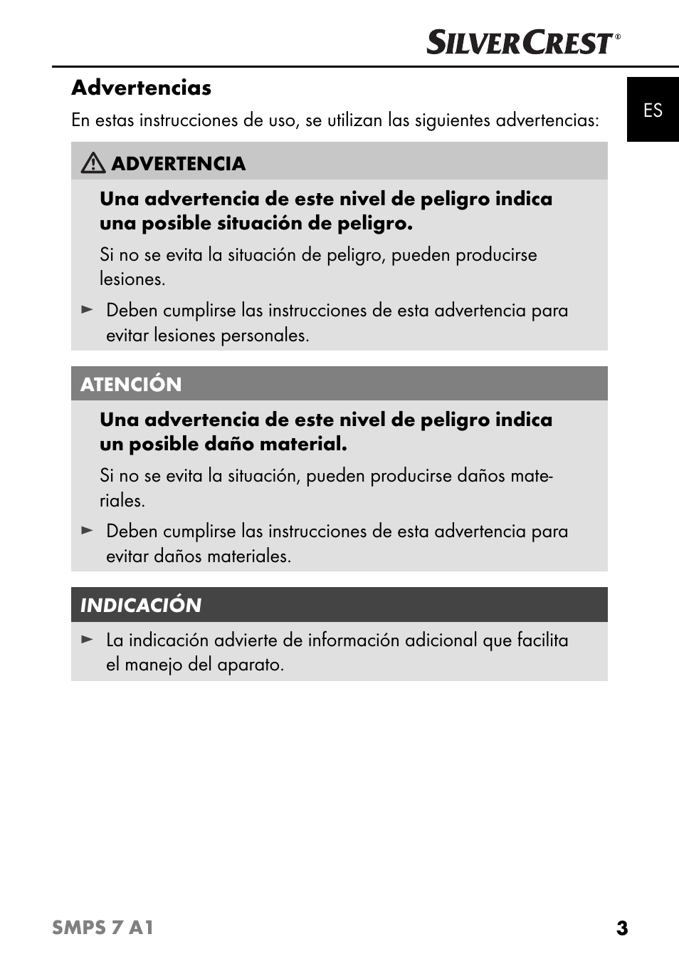 Advertencias | Silvercrest SMPS 7 A1 User Manual | Page 6 / 94