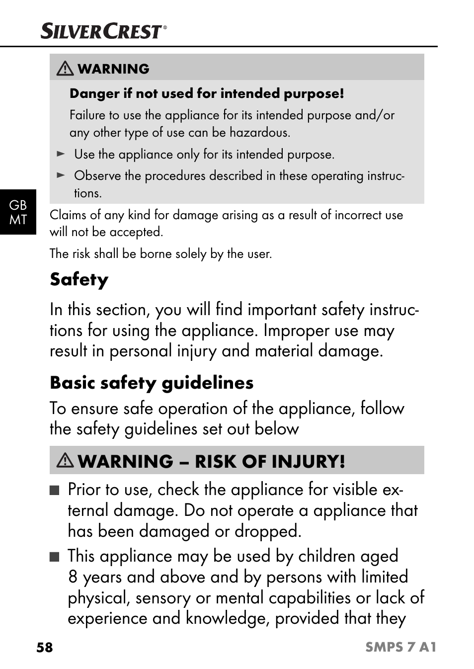 Warning – risk of injury | Silvercrest SMPS 7 A1 User Manual | Page 61 / 94