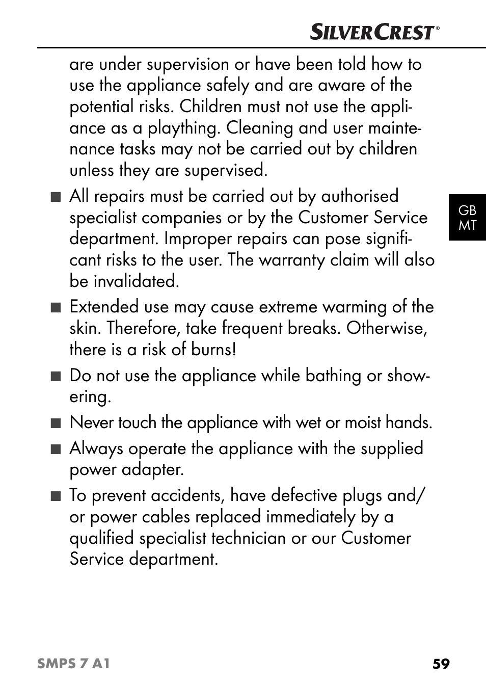 Never touch the appliance with wet or moist hands | Silvercrest SMPS 7 A1 User Manual | Page 62 / 94