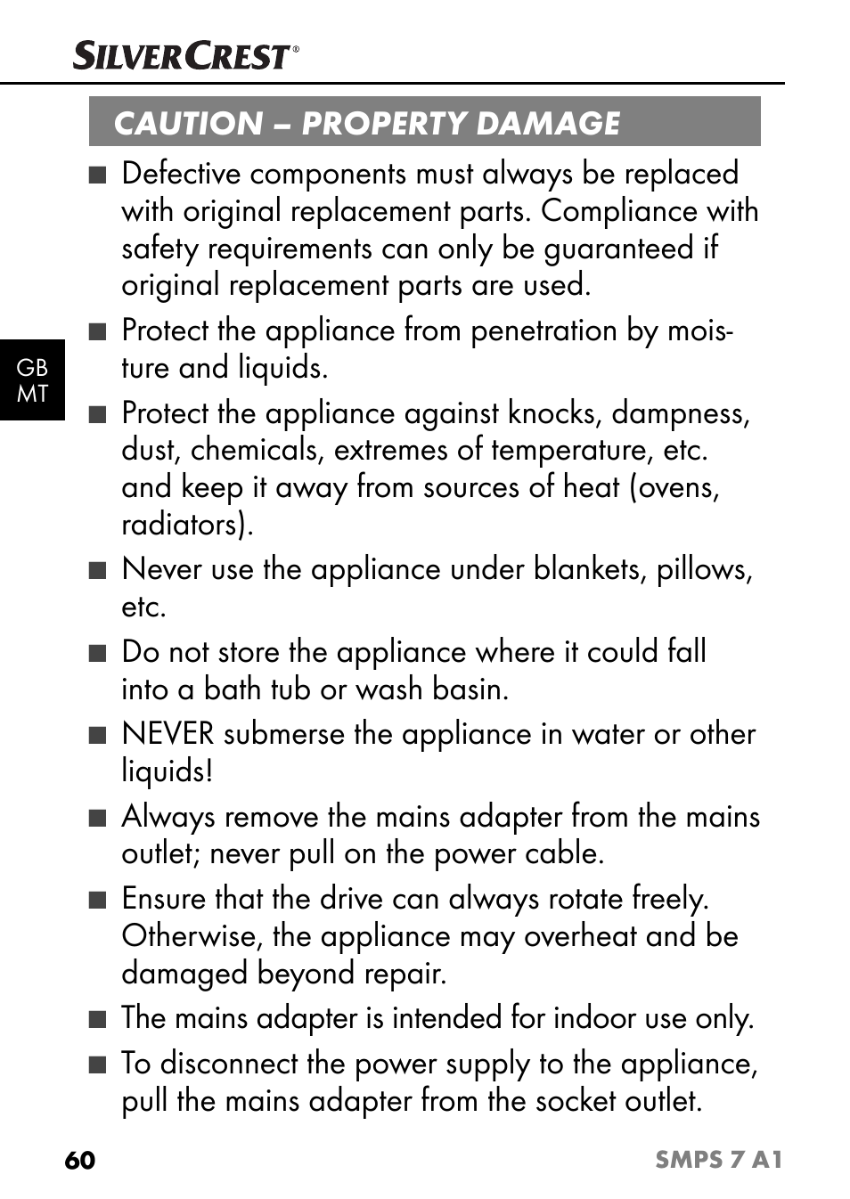 Caution – property damage, The mains adapter is intended for indoor use only | Silvercrest SMPS 7 A1 User Manual | Page 63 / 94