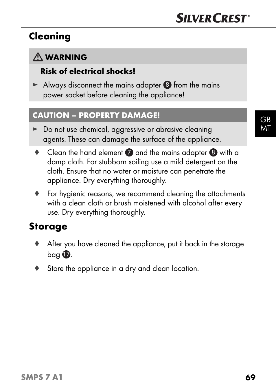 Cleaning, Storage | Silvercrest SMPS 7 A1 User Manual | Page 72 / 94