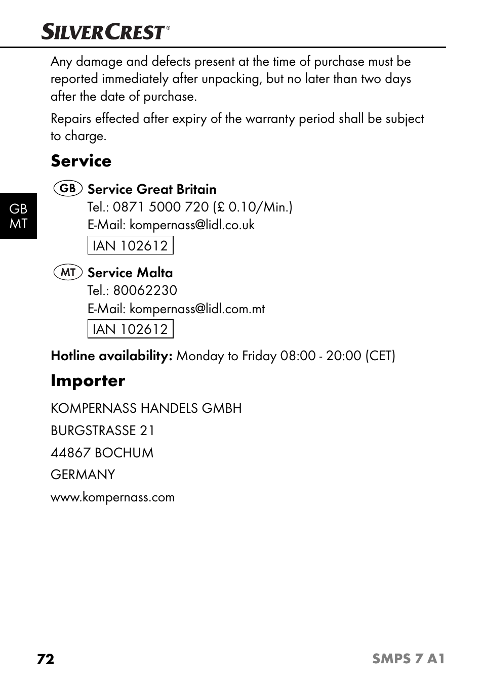 Service, Importer | Silvercrest SMPS 7 A1 User Manual | Page 75 / 94