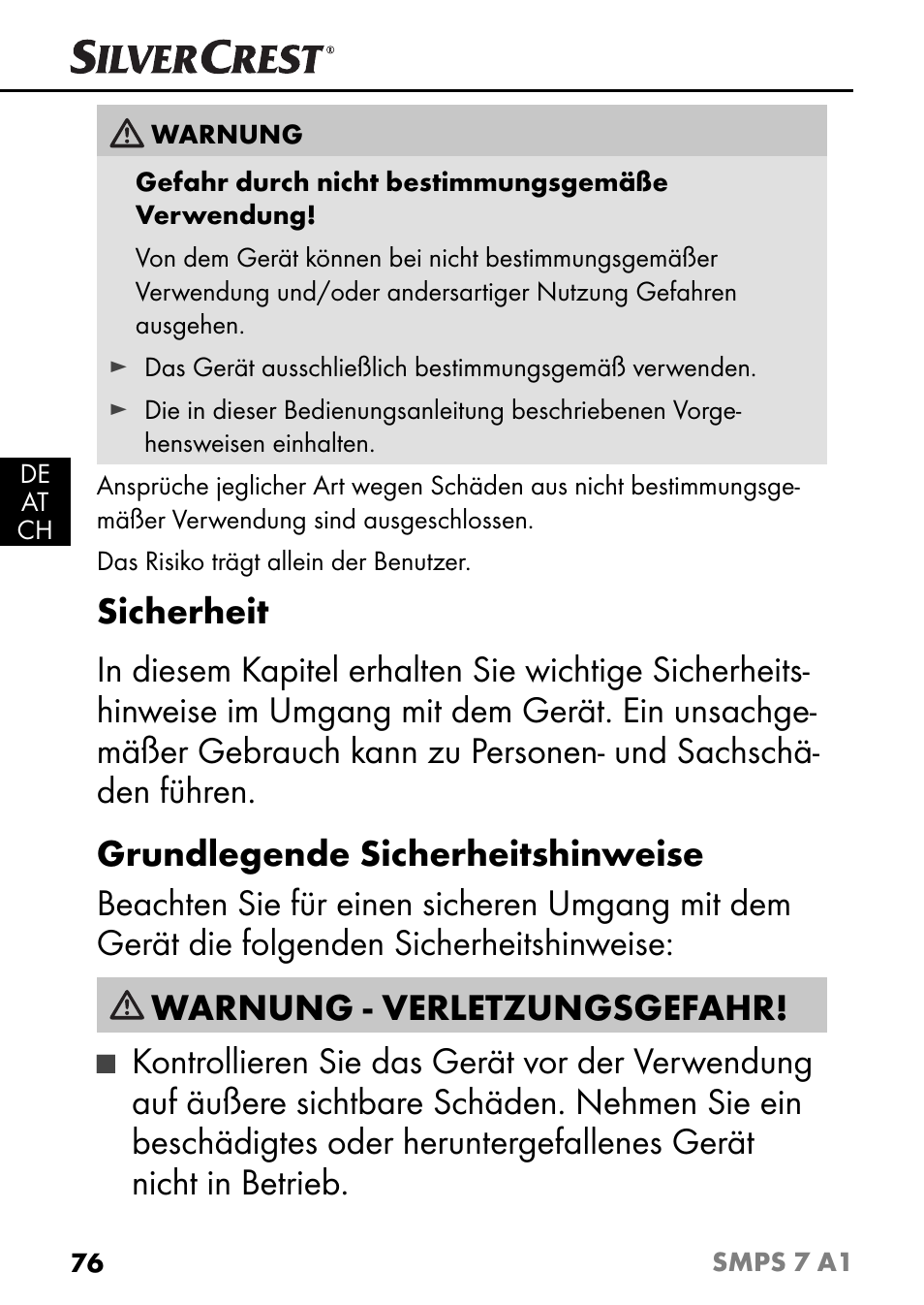 Warnung - verletzungsgefahr | Silvercrest SMPS 7 A1 User Manual | Page 79 / 94