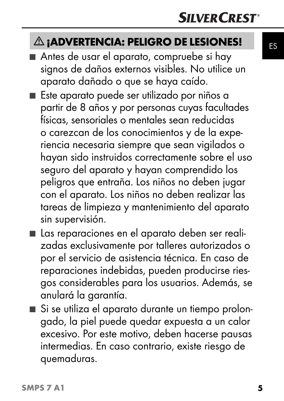 Advertencia: peligro de lesiones | Silvercrest SMPS 7 A1 User Manual | Page 8 / 94