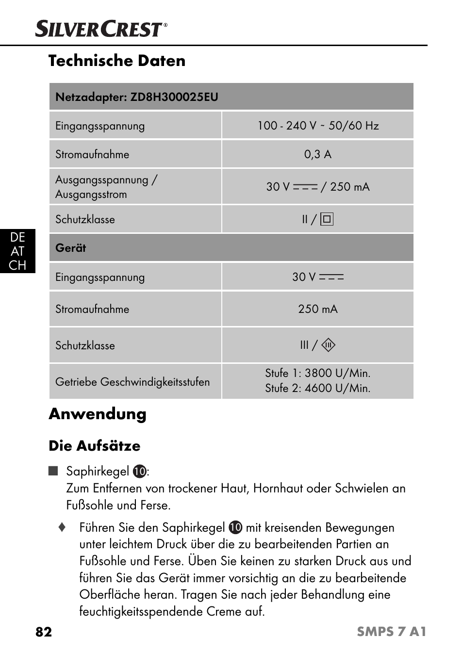 Technische daten, Anwendung, Die aufsätze | Silvercrest SMPS 7 A1 User Manual | Page 85 / 94
