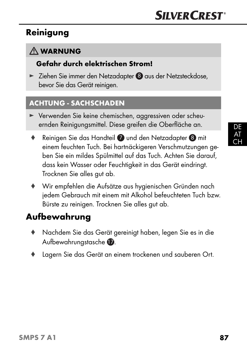 Reinigung, Aufbewahrung | Silvercrest SMPS 7 A1 User Manual | Page 90 / 94