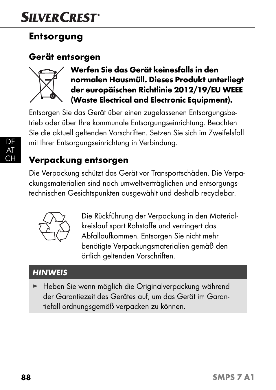 Entsorgung | Silvercrest SMPS 7 A1 User Manual | Page 91 / 94