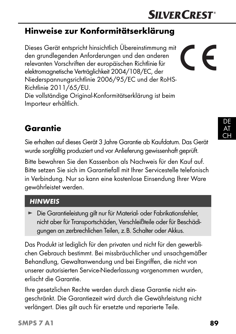 Hinweise zur konformitätserklärung, Garantie | Silvercrest SMPS 7 A1 User Manual | Page 92 / 94