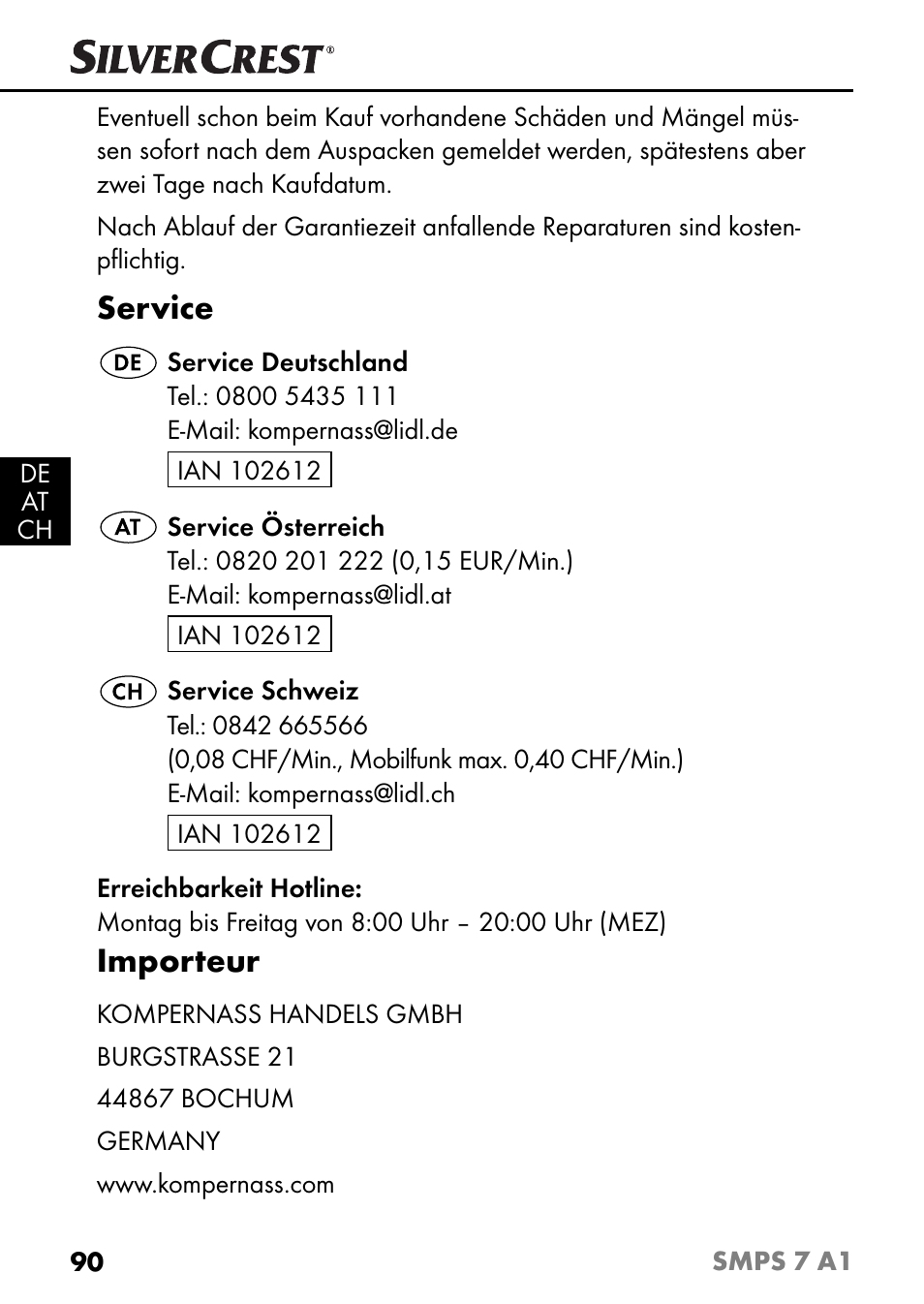 Service, Importeur | Silvercrest SMPS 7 A1 User Manual | Page 93 / 94