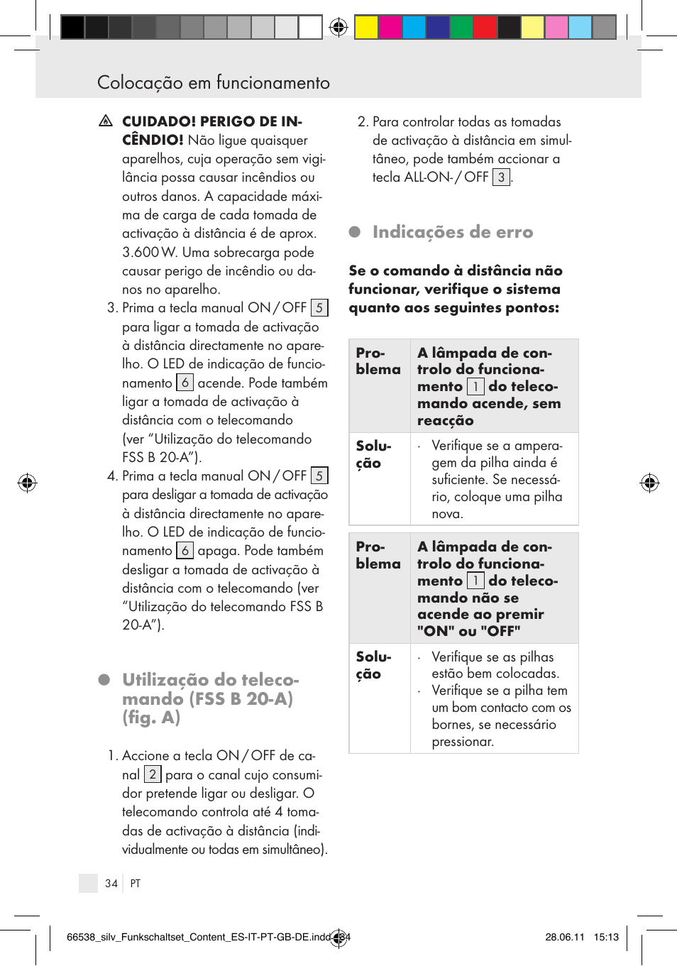 Colocação em funcionamento, Utilização do teleco- mando (fss b 20-a) (fig. a), Indicações de erro | Silvercrest Electrical Sockets User Manual | Page 30 / 52