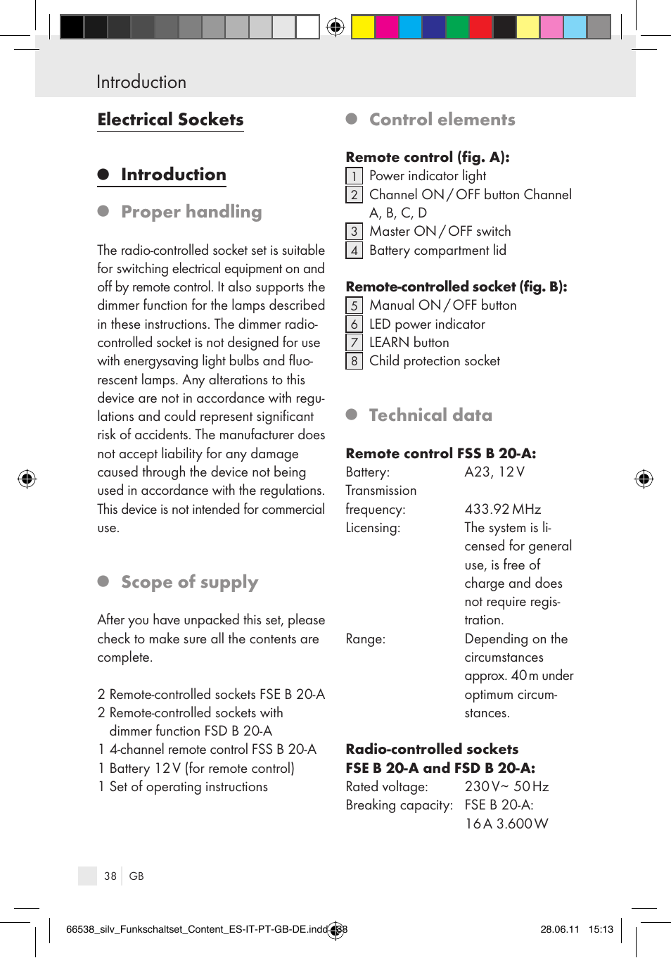 Introduction, Electrical sockets, Proper handling | Scope of supply, Control elements, Technical data | Silvercrest Electrical Sockets User Manual | Page 34 / 52