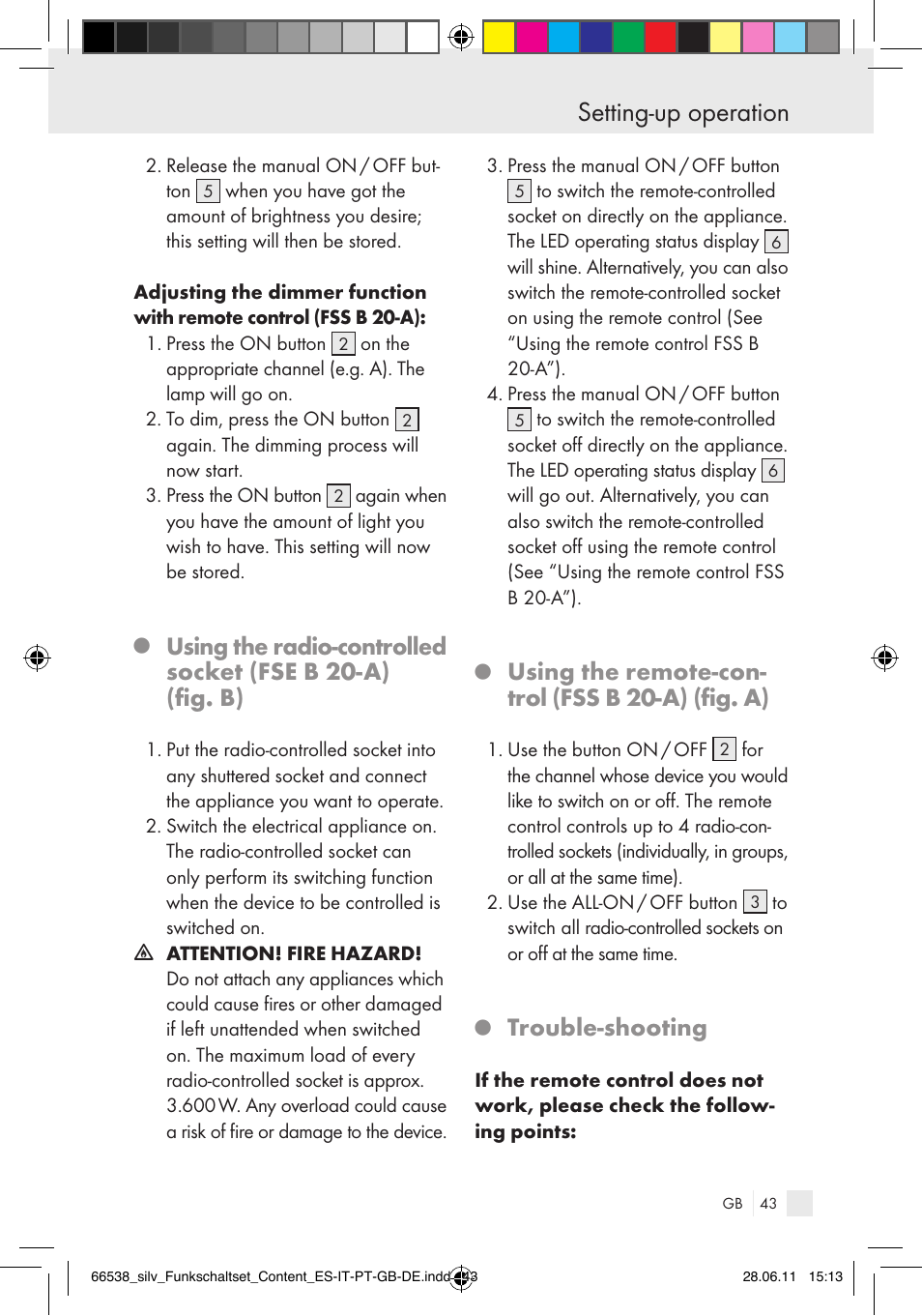 Setting-up operation, Using the remote-con- trol (fss b 20-a) (fig. a), Trouble-shooting | Silvercrest Electrical Sockets User Manual | Page 39 / 52