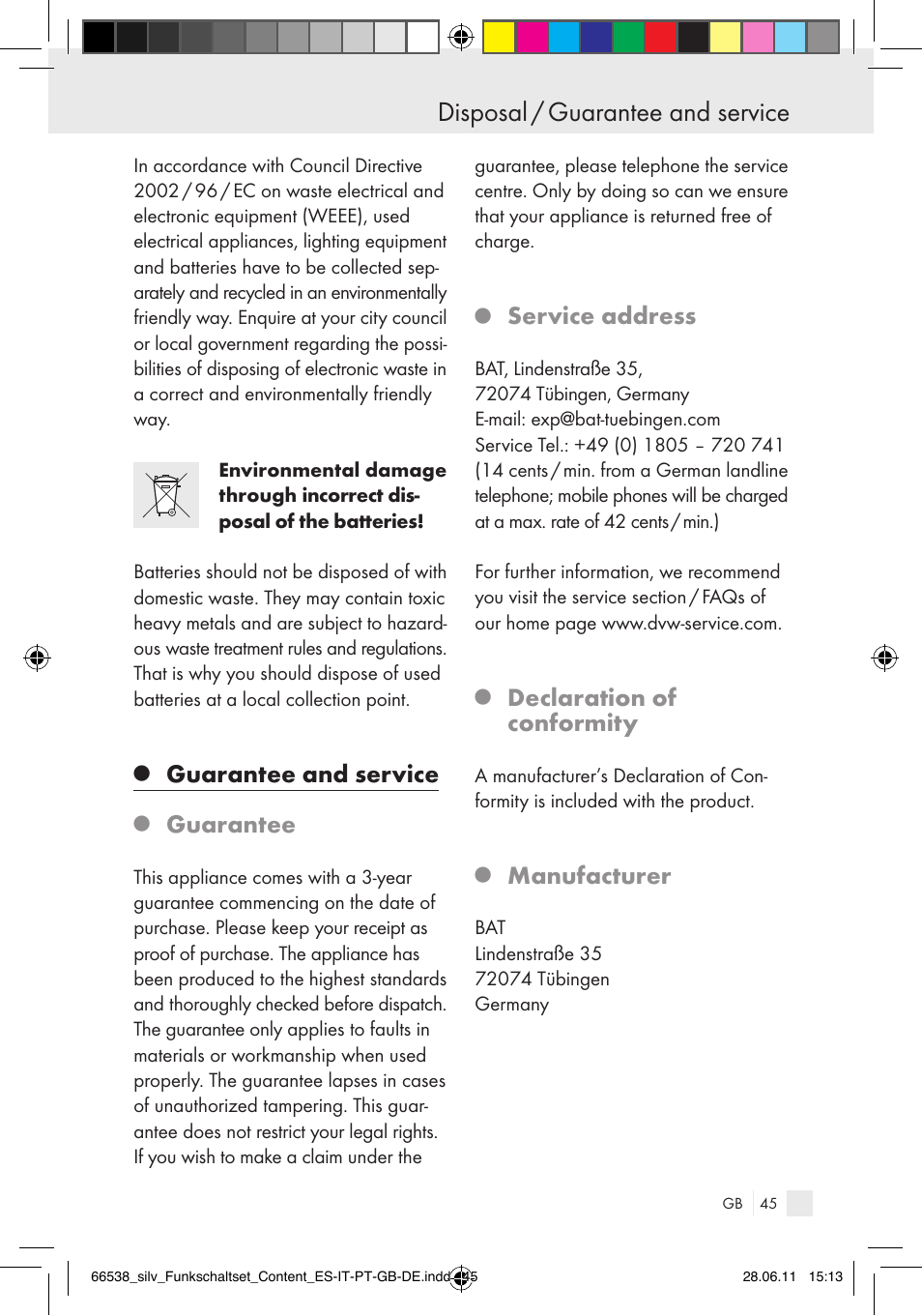 Disposal / guarantee and service, Guarantee and service, Guarantee | Service address, Declaration of conformity, Manufacturer | Silvercrest Electrical Sockets User Manual | Page 41 / 52